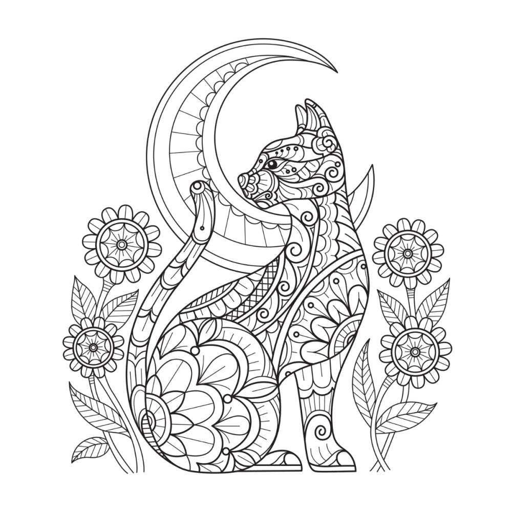 Decorative illustration of a stylized dog with a crescent moon, flowers, and leaves on a white background.