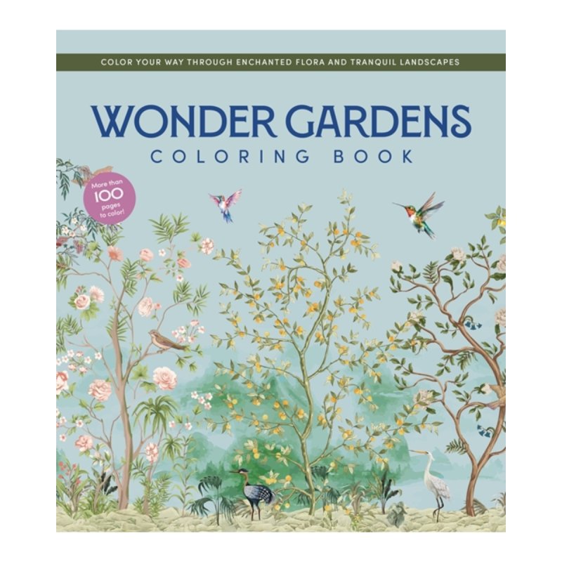 Coloring book cover titled 'Wonder Gardens' with floral and botanical design.