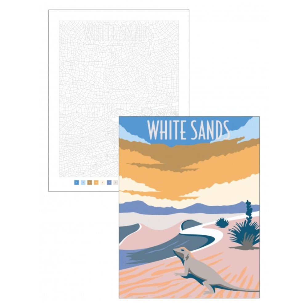 A travel art print poster of White Sands, featuring a stylized illustration of a desert landscape with a sand lizard, alongside a blank version of the map print.