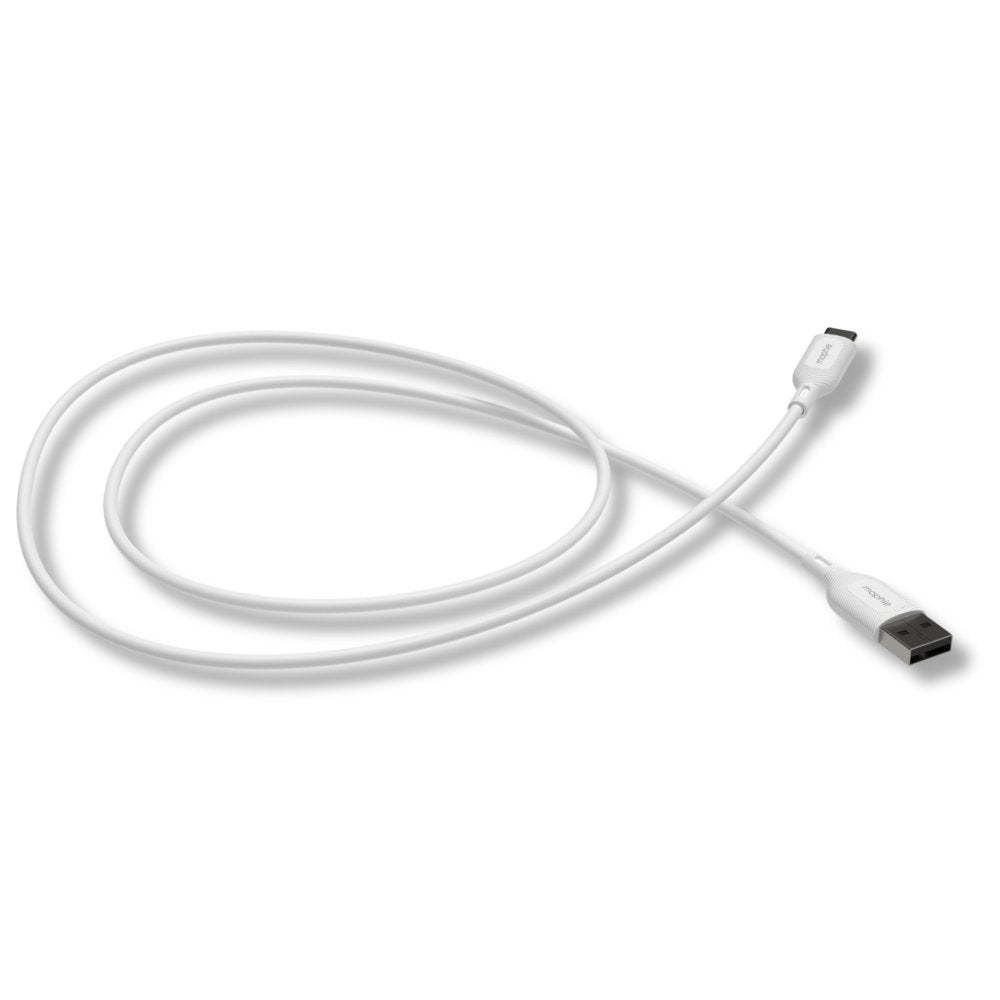 A white USB-C to USB-C cable coiled on a plain white background, showing the connector ends on the right side.