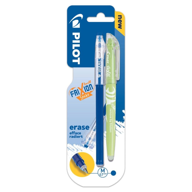 Pilot FriXion Ball Stick Pen Blue + Erasable Light Green Highlighter (2 Pack)