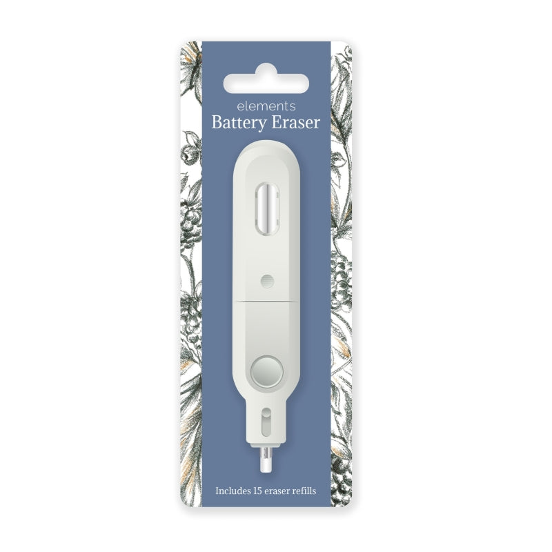 Elements Battery Eraser in its original retail packaging, featuring a white battery-shaped eraser with a charging port on a blue backing card with botanical illustrations.