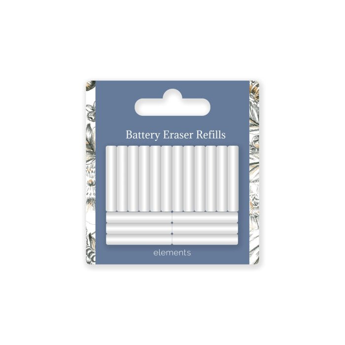 Pack of white battery eraser refills in a blue carded packaging with floral borders, labeled 'Battery Eraser Refills' and 'elements'.