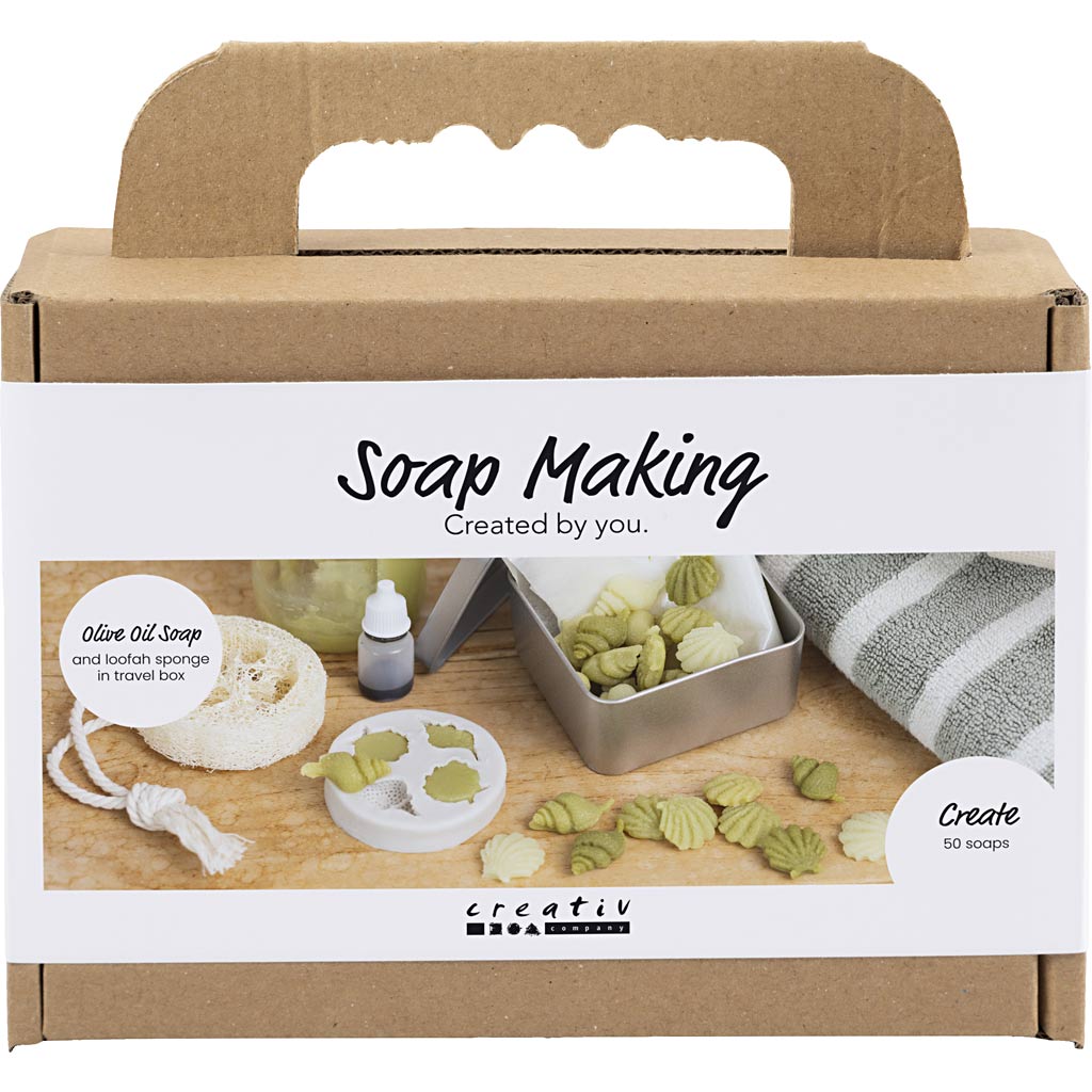 Soap making kit packaging with text 'Soap Making Created by you.' and images of soap-making tools.