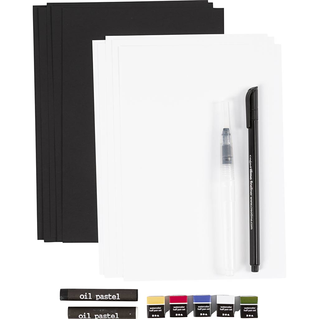 Art supply set with black paper, white paper, oil pastel sticks, and a pen on a white background.