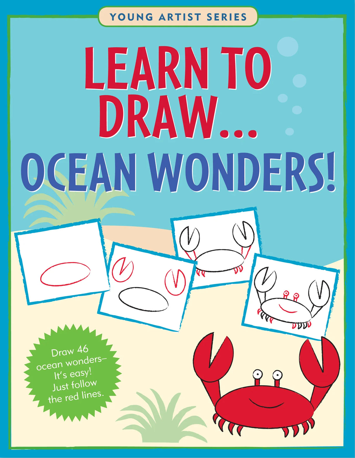 Book cover of 'Learn to Draw Ocean Wonders' with a crab illustration and step-by-step drawing guide.