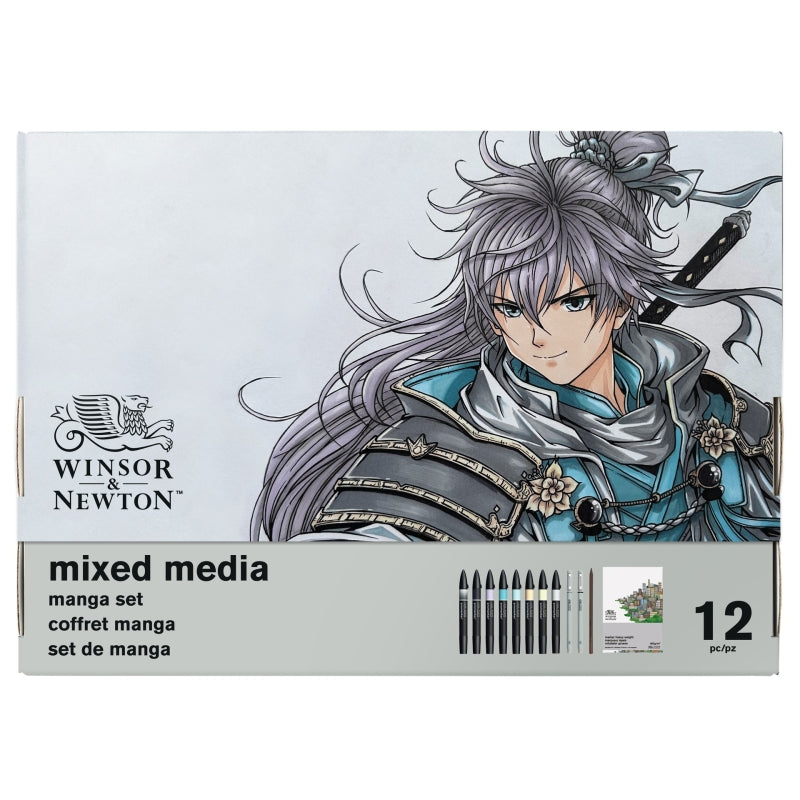 Winsor & Newton manga mixed media set in a rectangular box, featuring an illustration of a silver-haired anime character on the front. The packaging includes text reading 'WINSOR & NEWTON', 'mixed media', 'manga set', and '12 pieces', with small previews of the included colored pencils and a drawing paper sample.