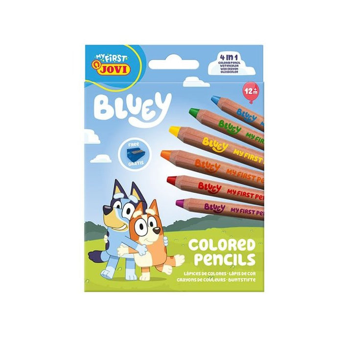 My First Jovi Bluey colored pencils set in its retail packaging, featuring cartoon illustrations of Bluey and Bingo on a bright blue and green background.