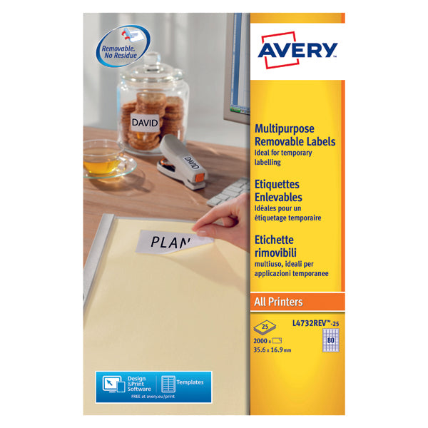 Avery Removable Labels 80 Per Sheet White (Pack of 2000) L4732REV-25