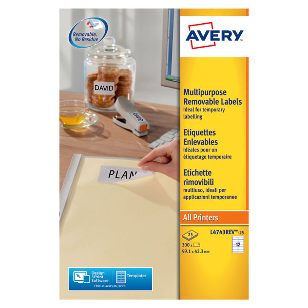 Avery Removable Labels 12 Per Sheet White (Pack of 300) L4743REV-25