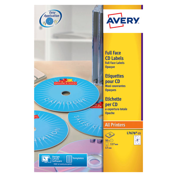 Avery Laser CD/DVD Full Face Label 2 Per Sht Wht (Pack of 50) L7676-25