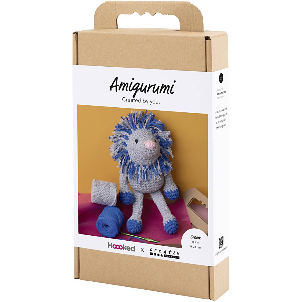 Amigurumi lion toy packaging with 'Hooked' branding on a white background