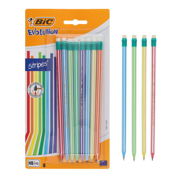 Bic Evolution Pencils & Erasers HB - Stripes (8 Pack)