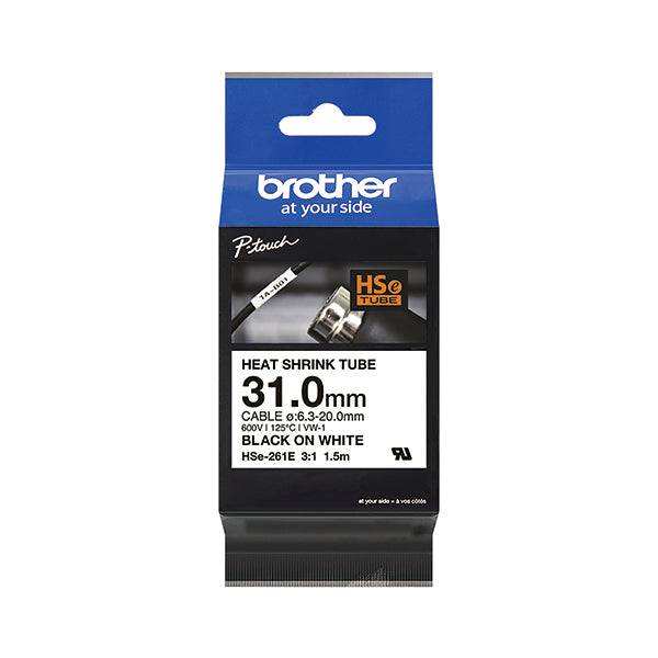 Brother HSe-261E 31.0mm Black on White Heat Shrink Tube Tape HSE261E
