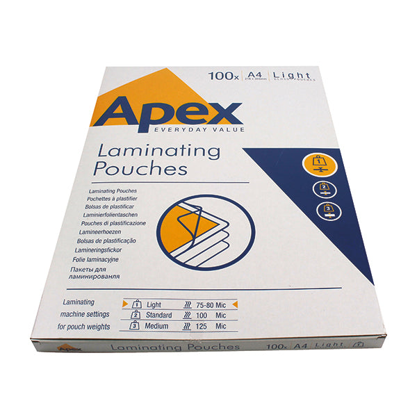 Fellowes Apex A4 Light Laminating Pouches Clear (Pack of 100) 6003201