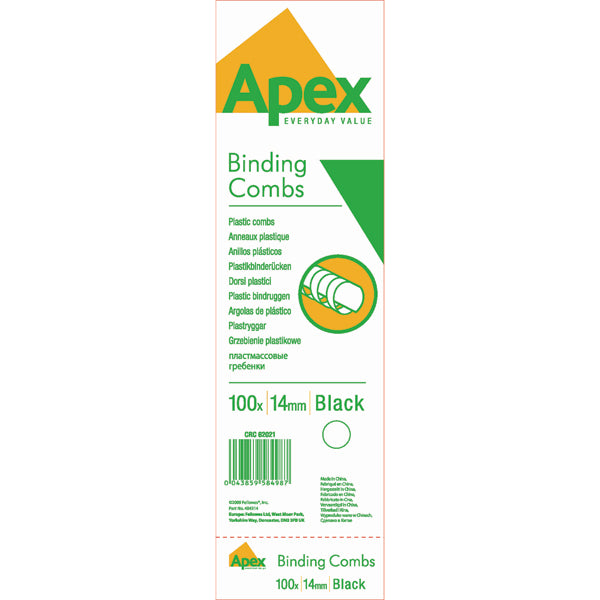 Fellowes Apex Plastic Binding Combs 14mm Black (Pack of 100) 6202101