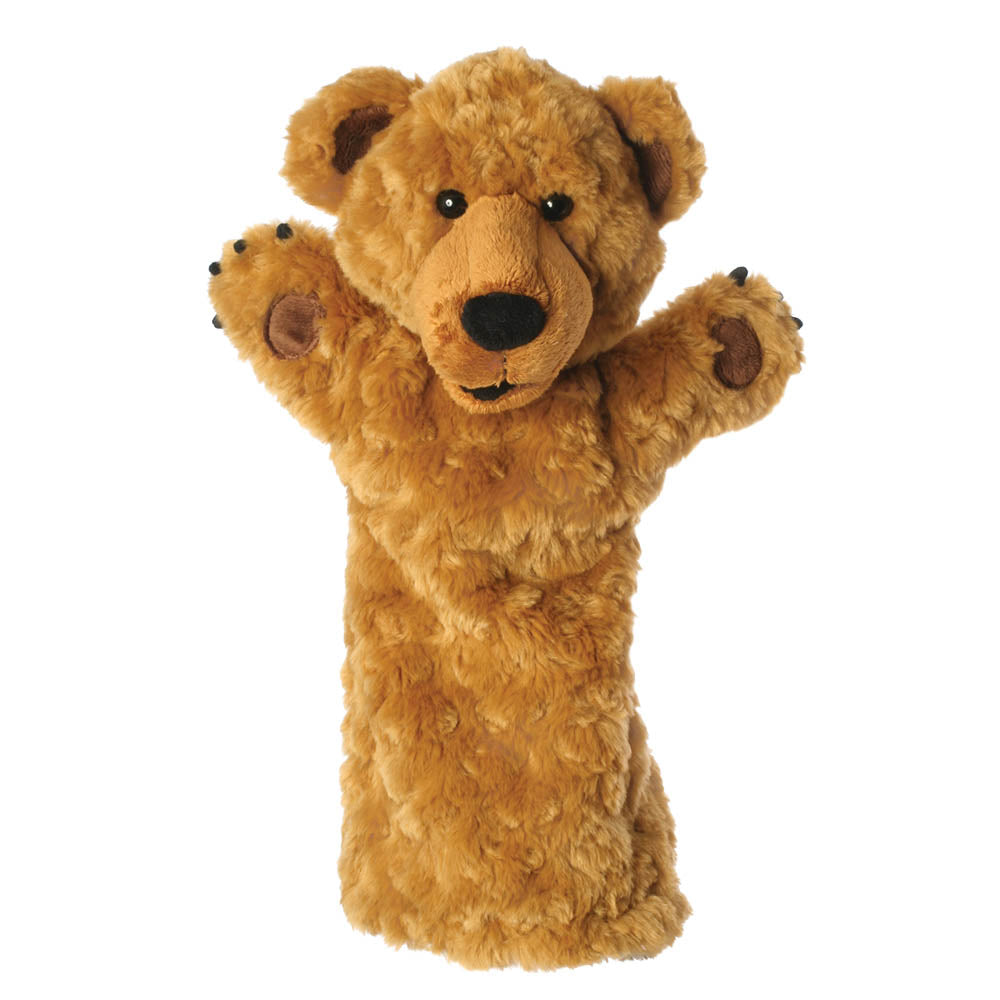 Brown teddy bear hand puppet on a white background