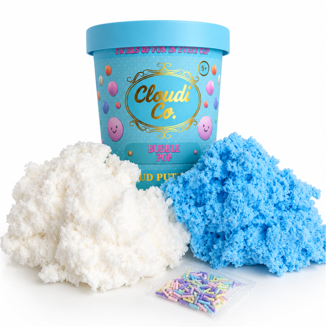 A tub of Cloudi Co. Bubble Pop kinetic play clay shown with a large pile of white clay, a large pile of blue clay, and a small packet of multicolor sprinkles on a white background.