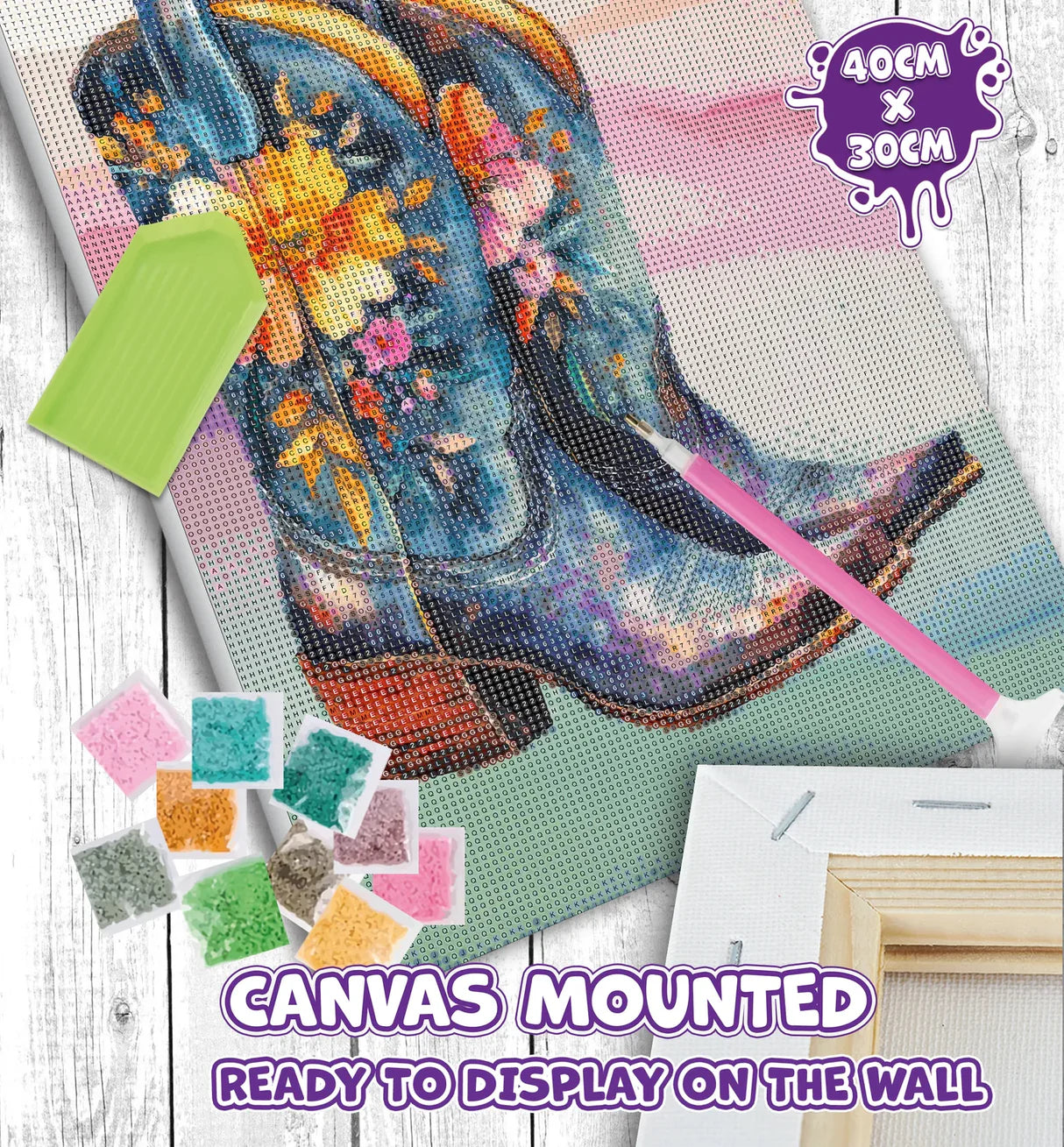 Canvas with a diamond painting of a boot, tools, and text on a white background