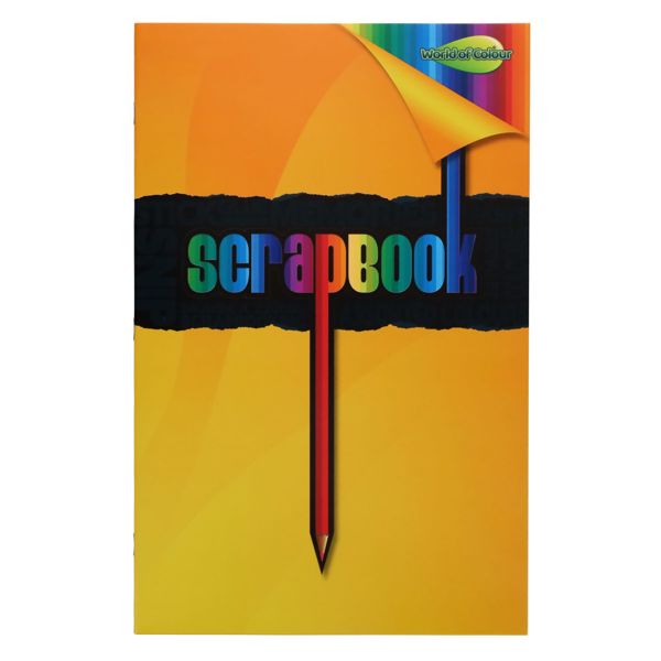 A scrapbook book cover featuring a bright yellow and orange background, a torn black band across the middle with the word 'scrapbook' in rainbow letters, and a red pencil graphic pointing downward. A curled corner at the top reveals a rainbow of colors.