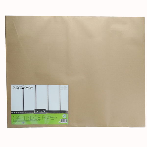 A large sheet of brown kraft paper cartridge paper with a white and green product label at the bottom left corner, labeled 'ICON CARTRIDGE PAPER'.