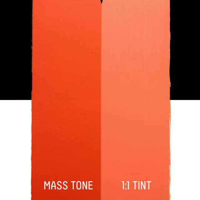 Two vertical Cadmium-Free Red Light stripes with 'Mass Tone' and '1:1 Tint' text on a white background.