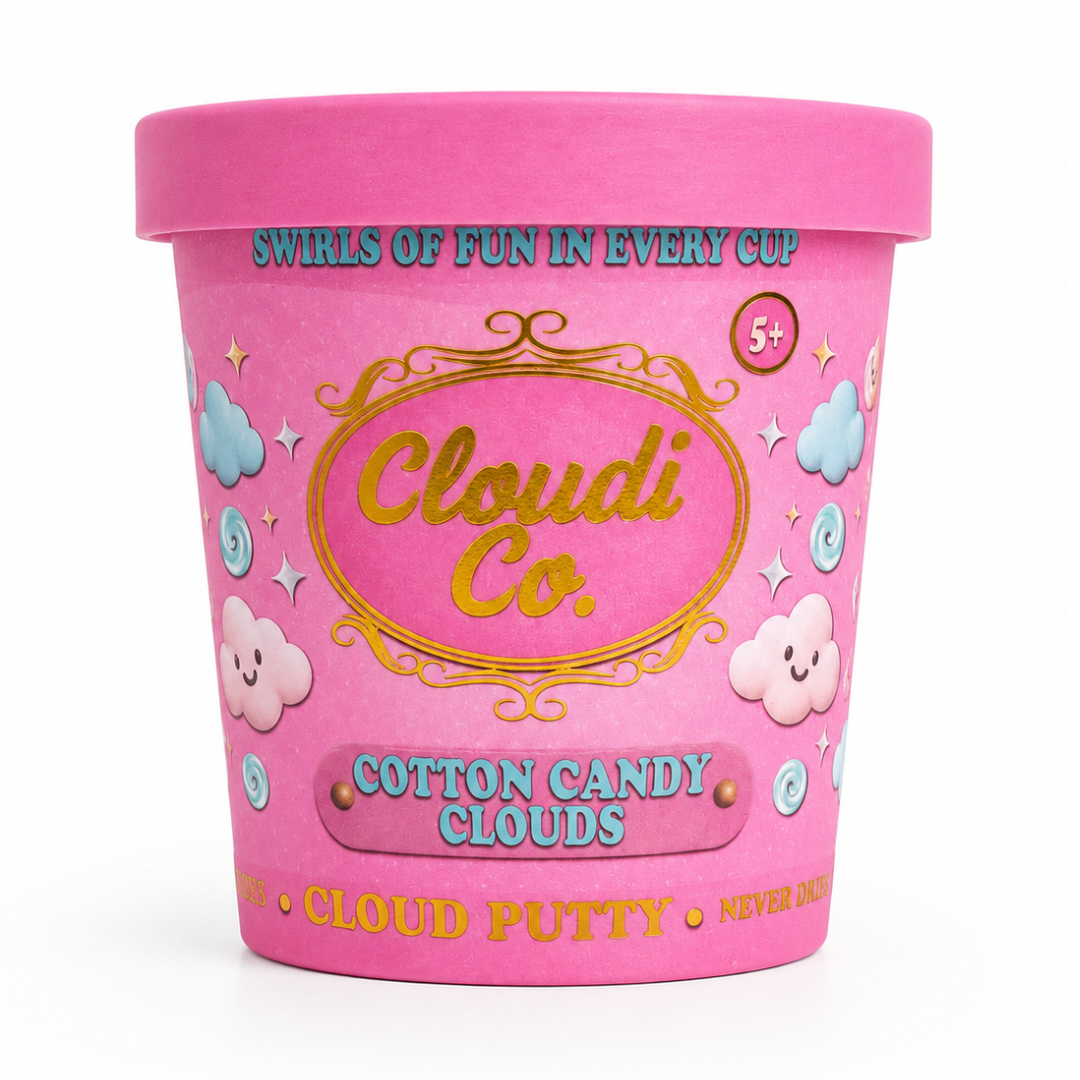 A pink tub of Cloudi Co. Cotton Candy Clouds ice cream with a matching pink lid, decorated with gold foil lettering, cute clouds, and candy motifs on a white background.