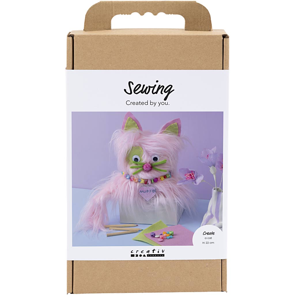 Sewing kit packaging with a cat-themed craft item on a white background
