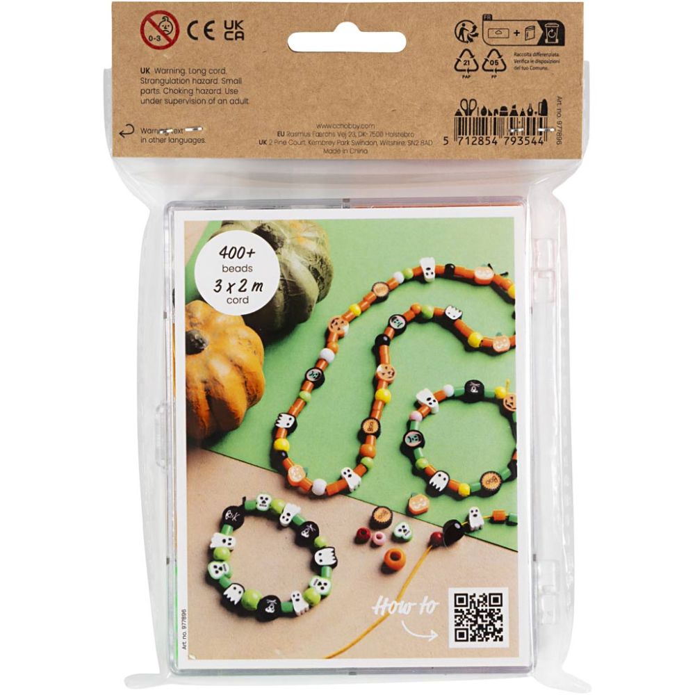 Packaged Halloween-themed beaded necklace with instructions on a white background