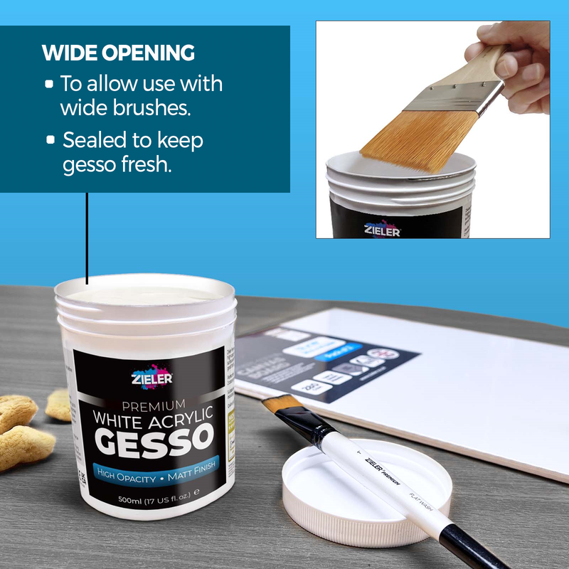 Zieler Premium White Acrylic Gesso container with brush and gesso on a table, featuring text about wide opening and gesso freshness.