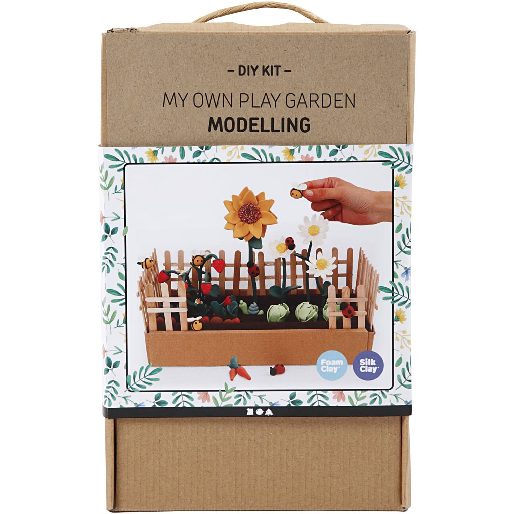 DIY kit packaging for 'My Own Play Garden Modelling' with a cardboard box and windowed front panel.