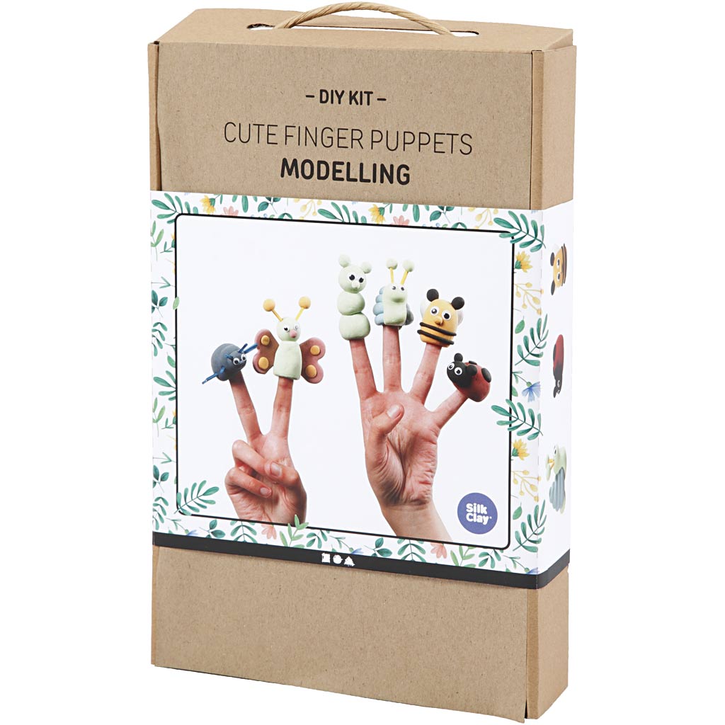 Boxed DIY kit for making cute finger puppets with illustrations on a white background