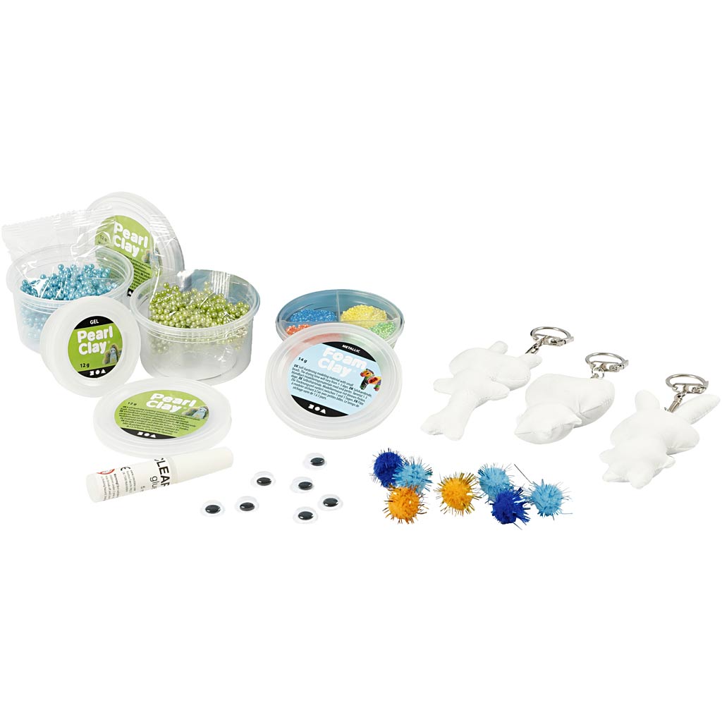 Pearl clay and foam clay items on a white background