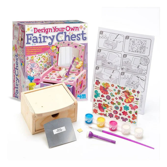 Children's craft kit with wooden chest, paint supplies, and coloring pages on a white background