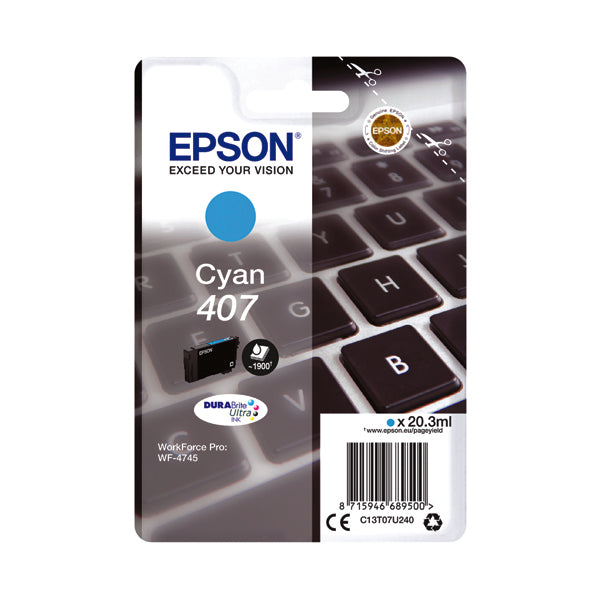 Epson 407 Ink Cartridge DURABrite Ultra WF-4745 Series Keyboard Cyan C13T07U240