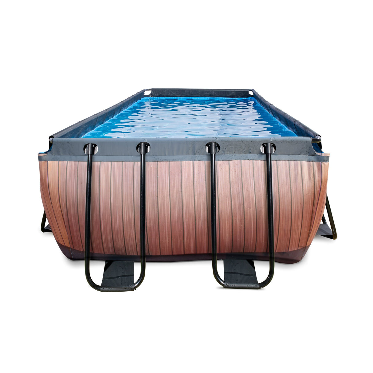 Rectangular above-ground pool with wooden side design on a white background