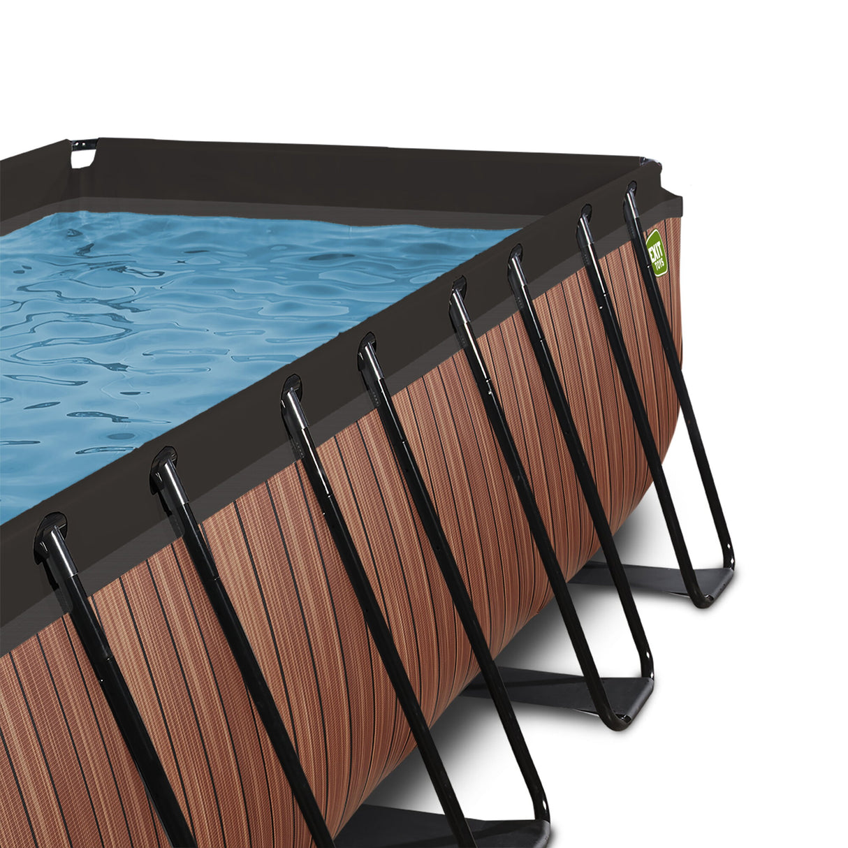 pool with wooden side panels and metal ladder on a white background