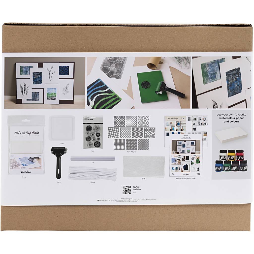 Cardboard box with a display of gel printing supplies and materials on a white background
