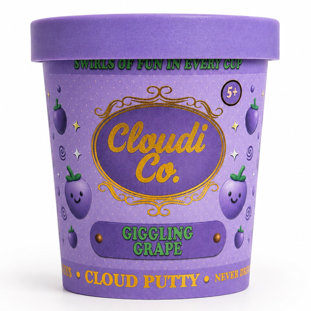 A purple container of Cloudi Co. Giggling Grape Cloud Putty, featuring a matching purple lid and a label decorated with cute smiling grape illustrations and gold and green text.