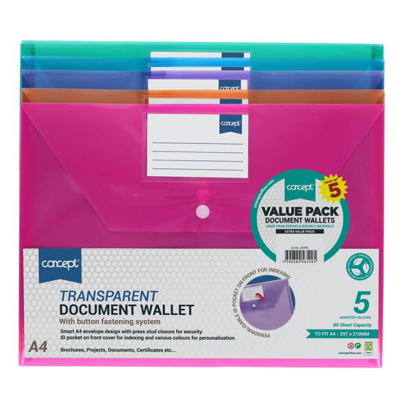 Concept A4 Button Document Wallets - Assorted Colours (5 Pack)