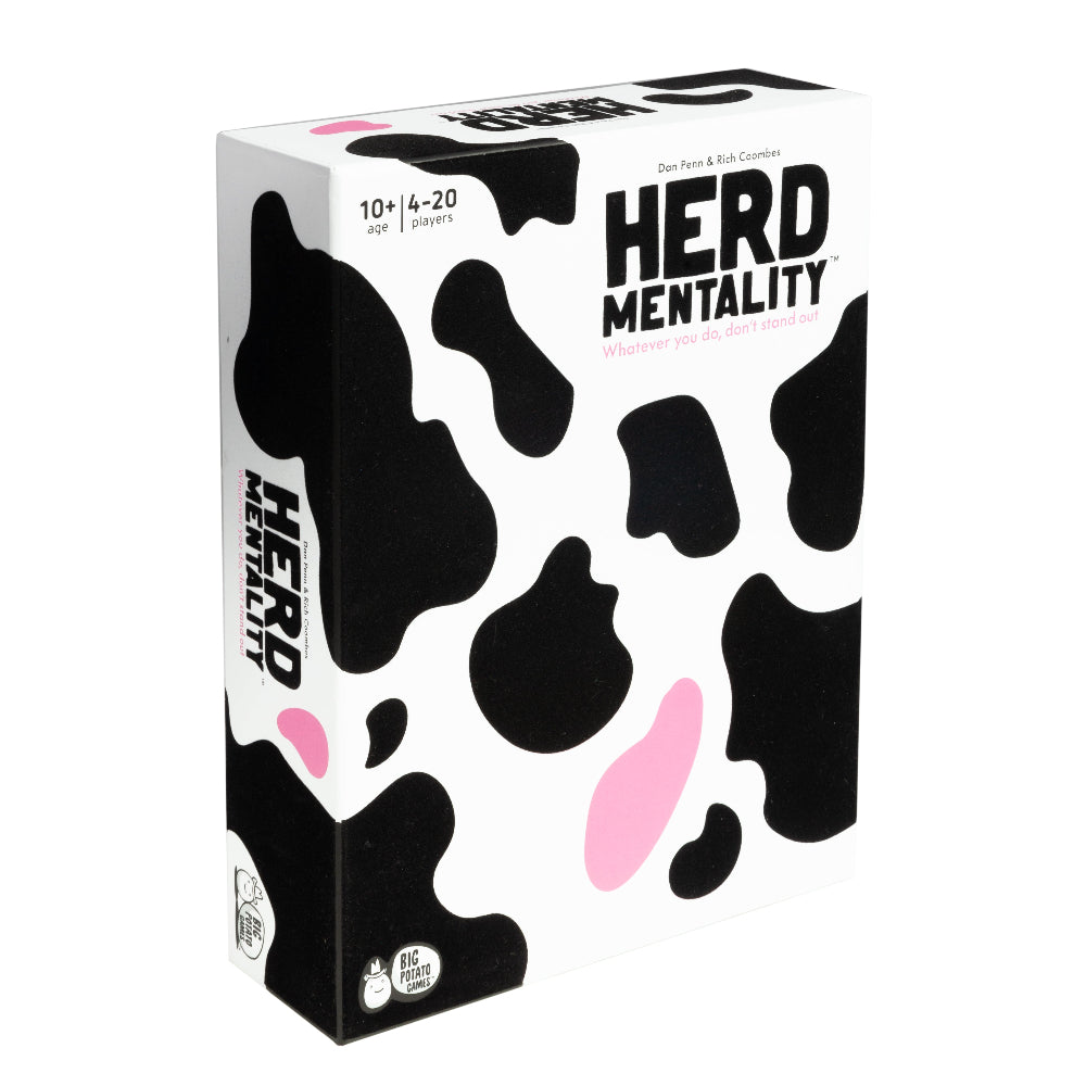 Card game box titled 'Herd Mentality' with black and pink abstract patterns on a white background