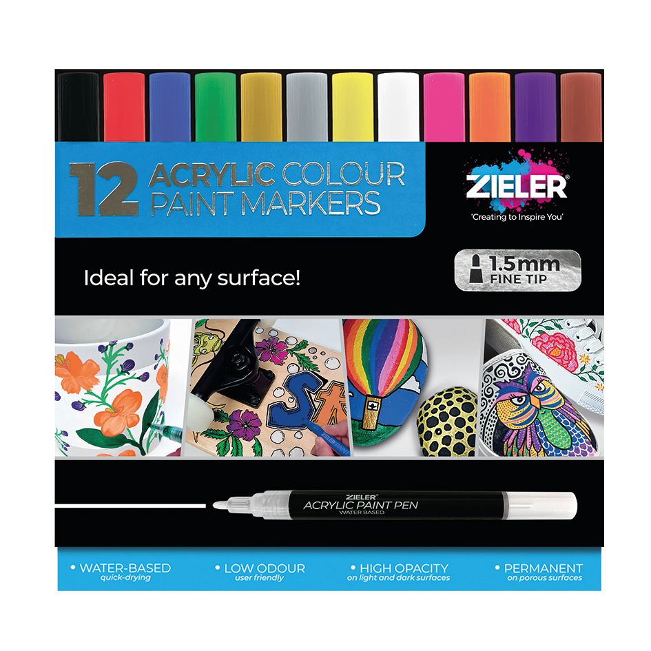 Zieler Acrylic Colour Paint Markers - 1.5mm Fine Tip (Set of 12)