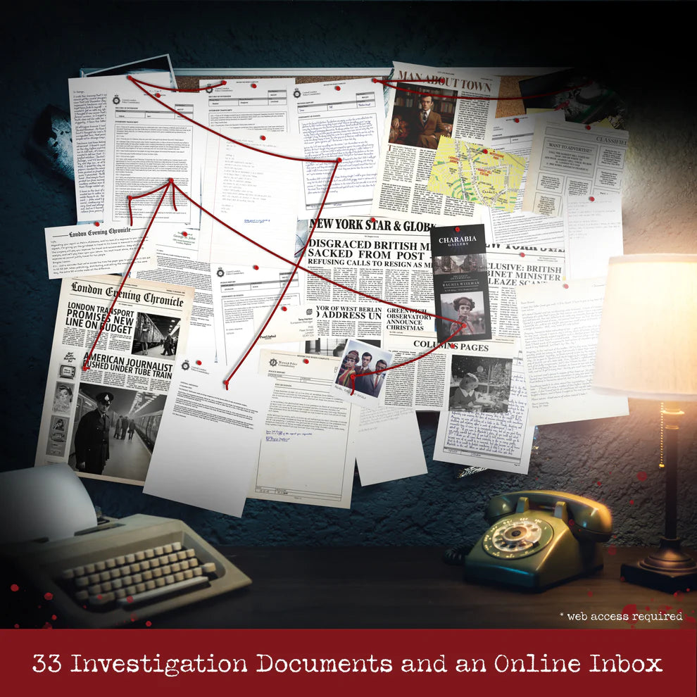 Collection of investigation documents with newspaper clippings on a desk with a lamp and typewriter.