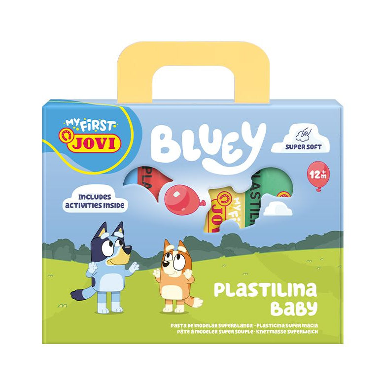 My First Bluey Plastilina Baby toy set in a light blue and green box with a yellow handle, featuring Bluey and Bingo illustrations and colorful plastic modeling pieces.