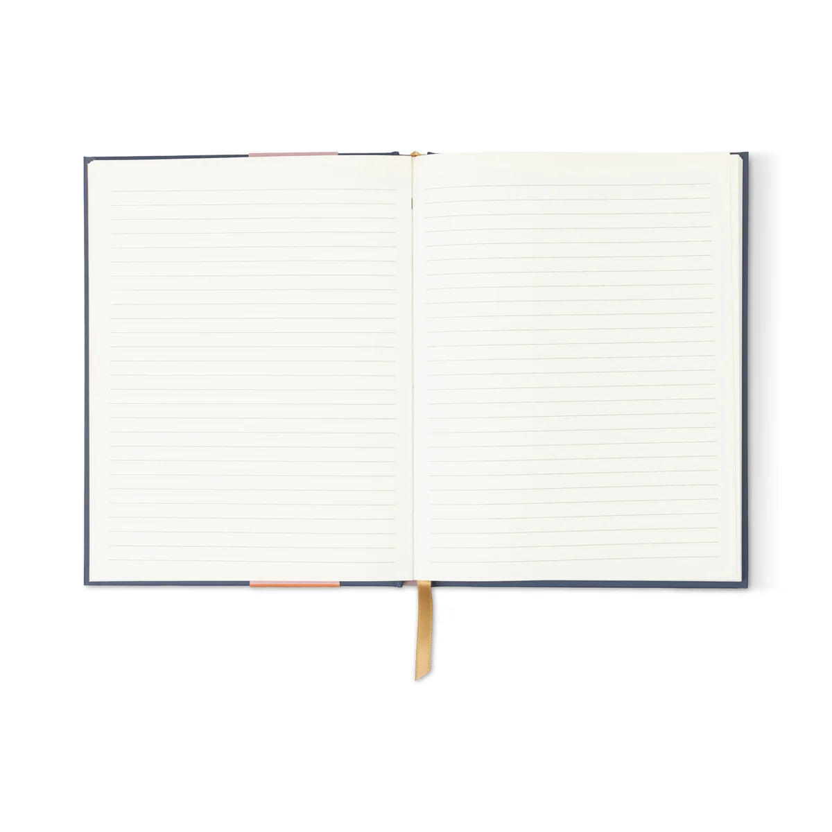 An open lined notebook with blank pages, a dark navy blue cover, and a tan ribbon bookmark, shown against a solid white background.