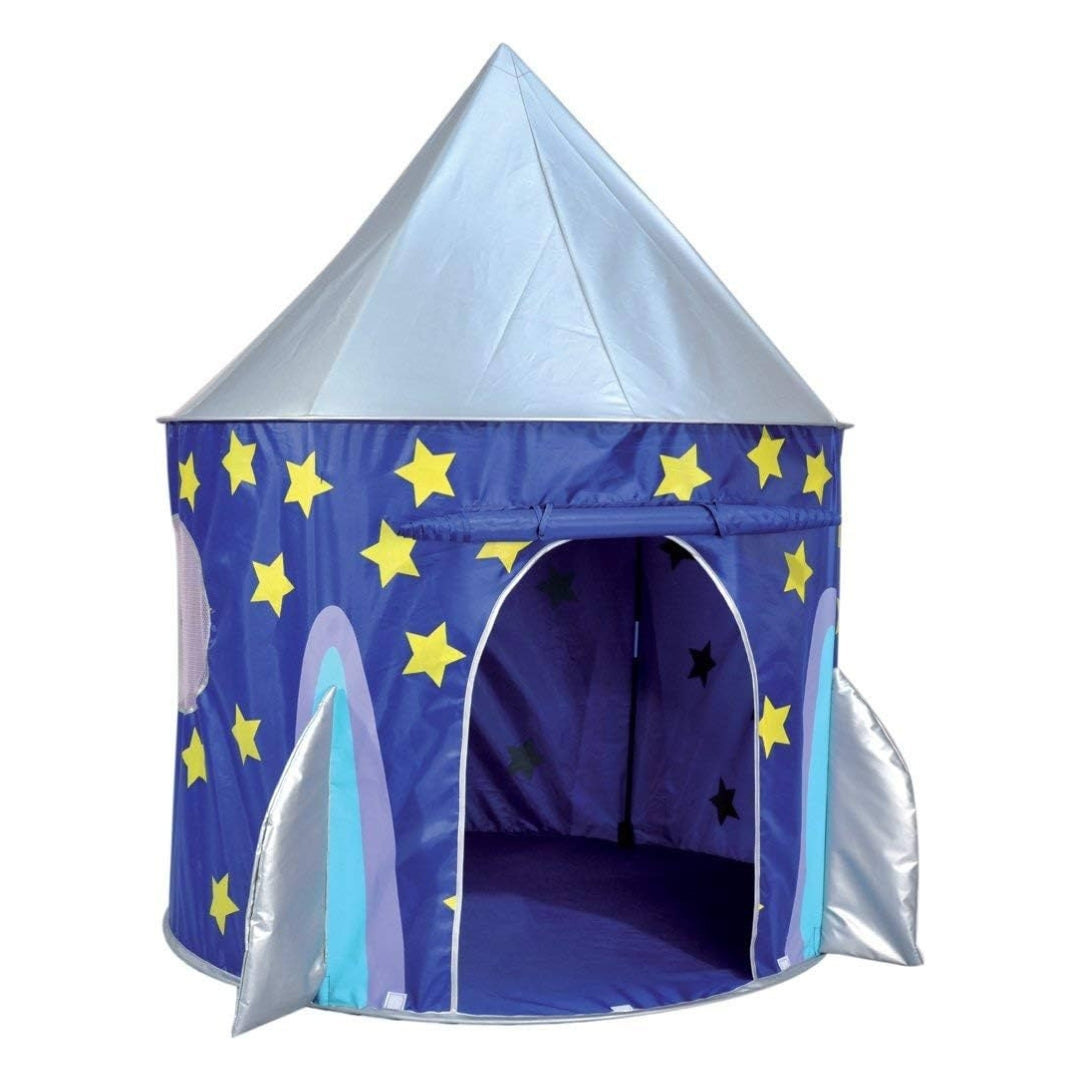 Children's play tent with rocket design and star patterns on a white background