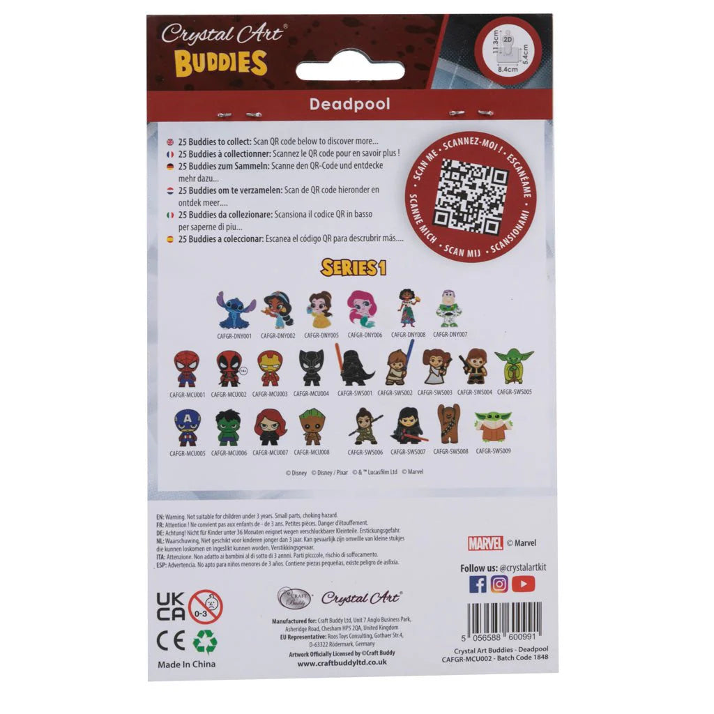 Back of a packaging for 'Crystal Art Buddies' featuring Deadpool, with a QR code and product details.