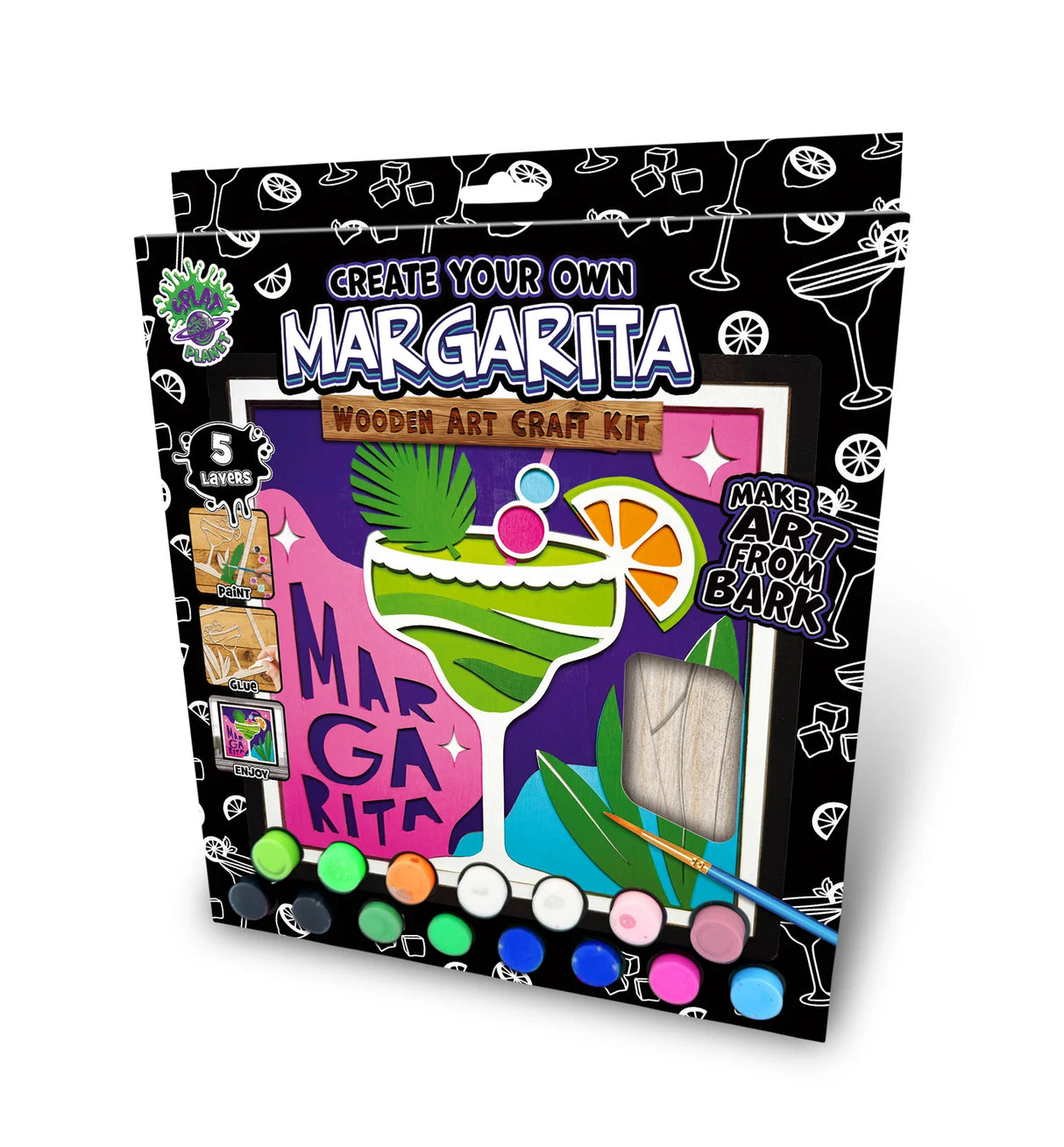 Wooden art craft kit packaging for 'Create Your Own Margarita' on a white background
