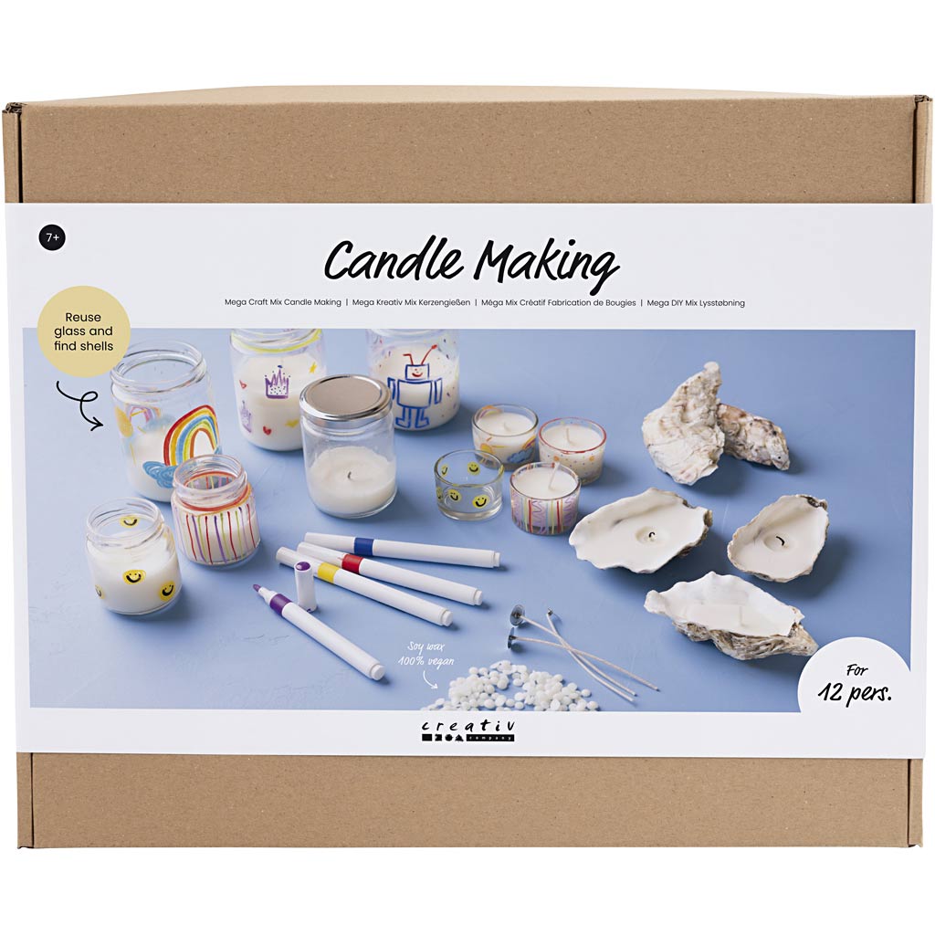 Candle making kit packaging with candles, tools, and shells on a blue background