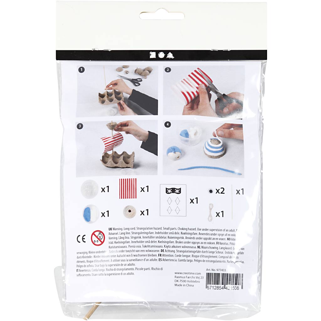 Packaging of a craft kit with step-by-step instructions and product components listed.